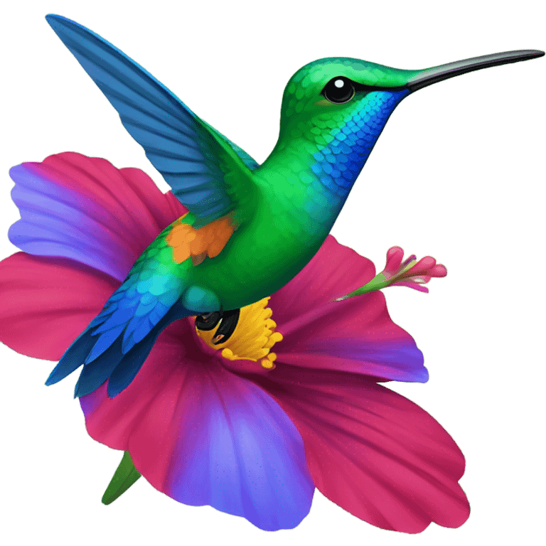 Bright colorful hummingbird in blues and green hovering over a red flower emoji