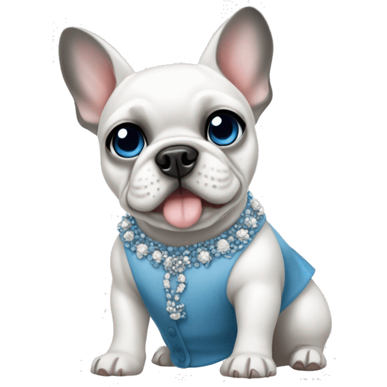 White French bulldog with blue eyes wearing a Chanel dress emoji