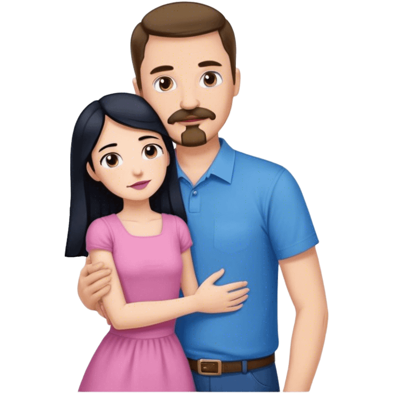 Tall white man with brown mustache goatee wearing blue hugging a short pale woman with long black hair wearing pink emoji