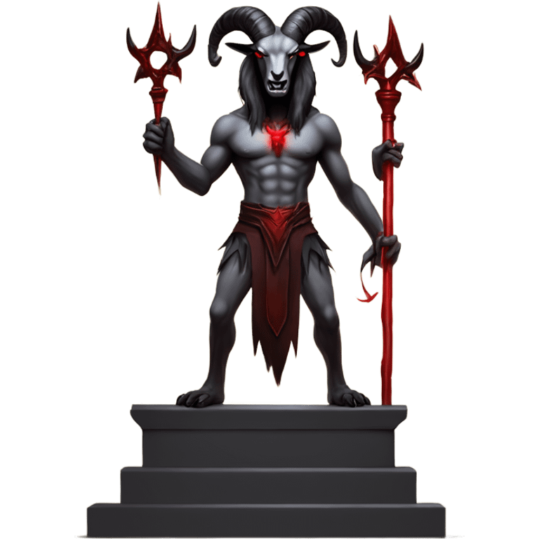 Evil Goatman male Devil sinister with red tipped horns standing with goat hind legs on pyramidal pillar  aura of darkness he is commanding sinister evil power emoji