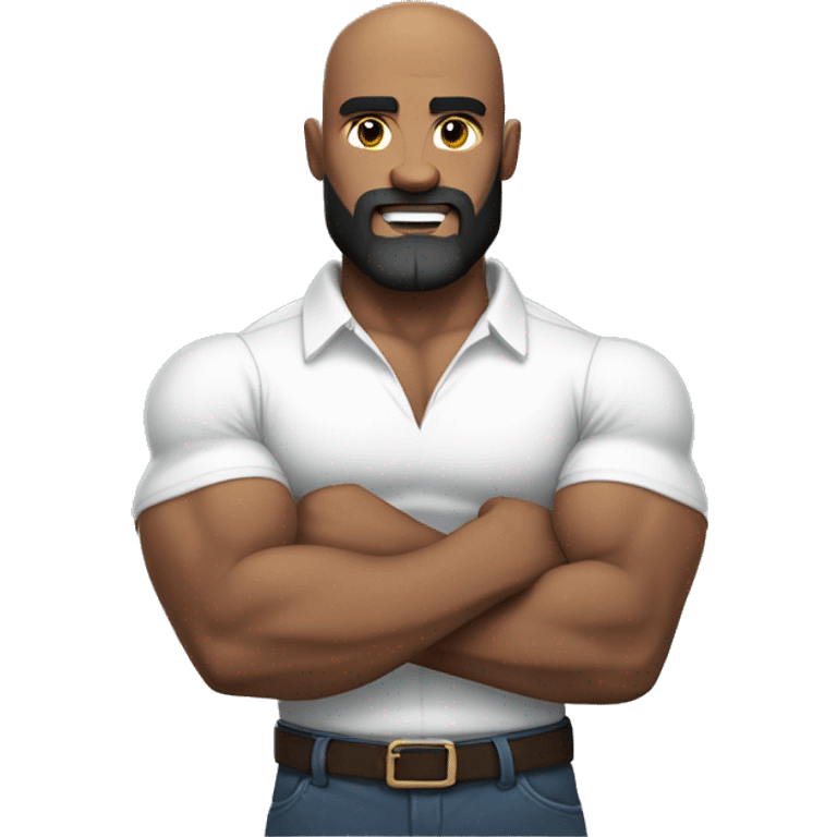 Muscular man flexing, bald, dark beard in a white shirt emoji