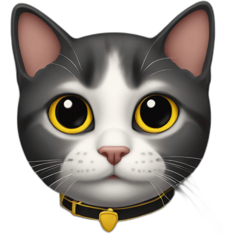 Gato negro con ojos amarillos mirando juzgando, con un collar que diga salem emoji