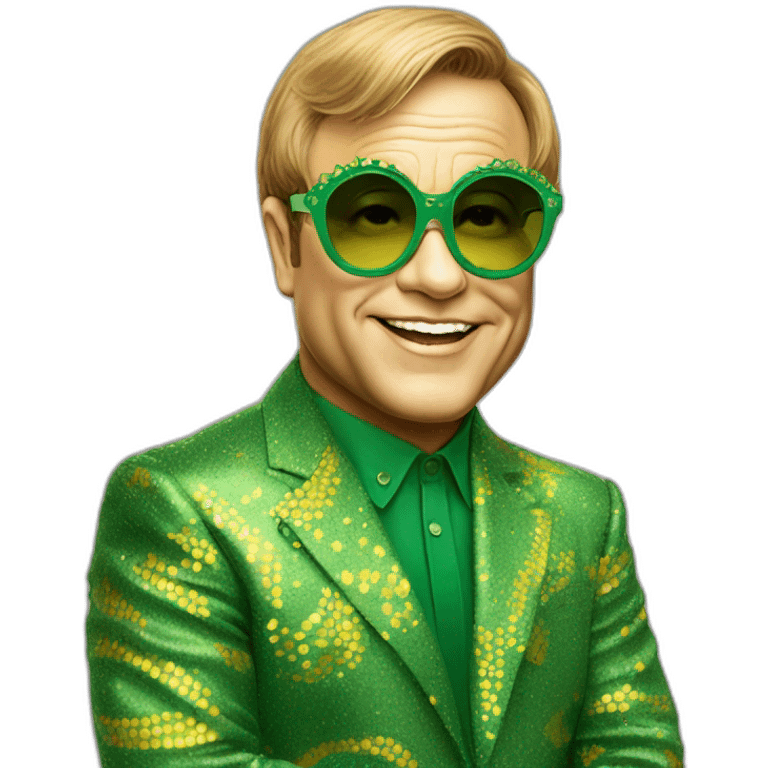 elton john wearing green and yellow patterned oversized sunglasses with scalloped edges for mardi gras emoji