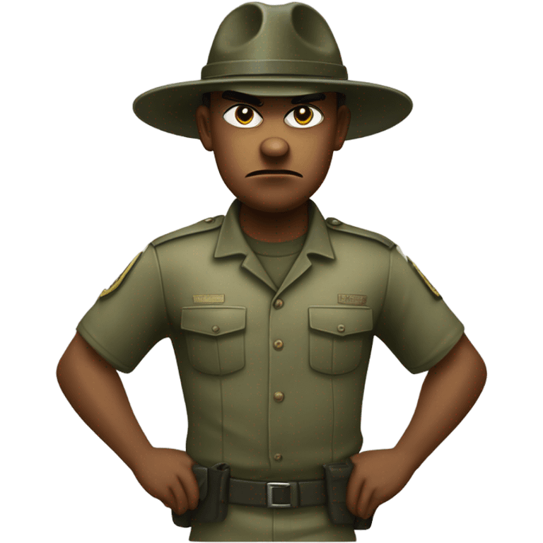 drill sergeant character wearing a classic sergeant hat and a camouflage army shirt. The character should have an angry intense expression. full torso emoji