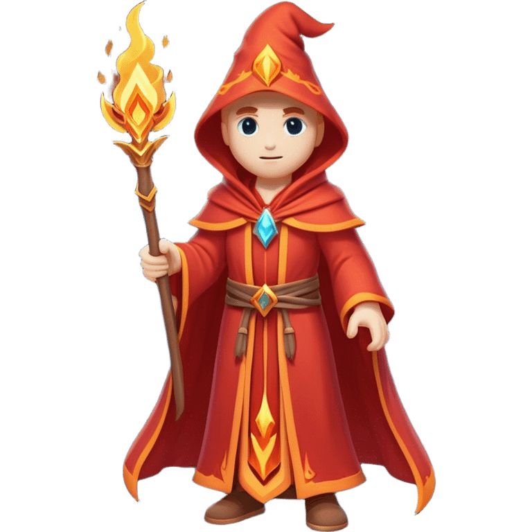 Clash of Clans aesthetic: Cinematic heroic powerful fire Wizard Hero  close up Emoji, rendered in a 3D vector-style similar to standard emojis with minimal shading and bold, simplified shapes. A compact, isometric figure draped in flowing enchanted robes and wielding a mystical staff, softly glowing with an arcane magical charm. Simplified yet unmistakably iconic, highly detailed and consistent, glowing with a soft radiant glow and high shine. Stylized with a touch of whimsical sorcery and a soft glowing outline, capturing the essence of a powerful wizard ready to cast spells with a friendly, playful spirit! emoji