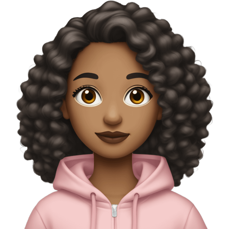 A mixed-race girl with medium-length black a bit loose curly hair, with makeup including concealer, mascara, noticeable blush, and a lip look featuring a light brown lip liner blended with a soft pink shade. She’s dressed in a black Nike hoodie. emoji