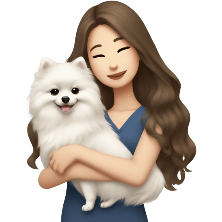 Female asian white girl with long brown wave hair hugging 4 white pomeranian girl emoji