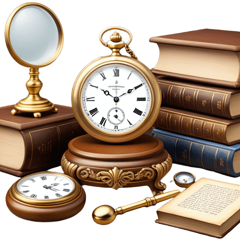 Icon for Antiques Collecting: antique carved  furniture, a vintage pocket watch and a porcelain figurine, all placed on a wooden antique table surrounded by aged books and a magnifying glass. The icon should evoke the elegance and history of antique collecting. Transparent background. emoji