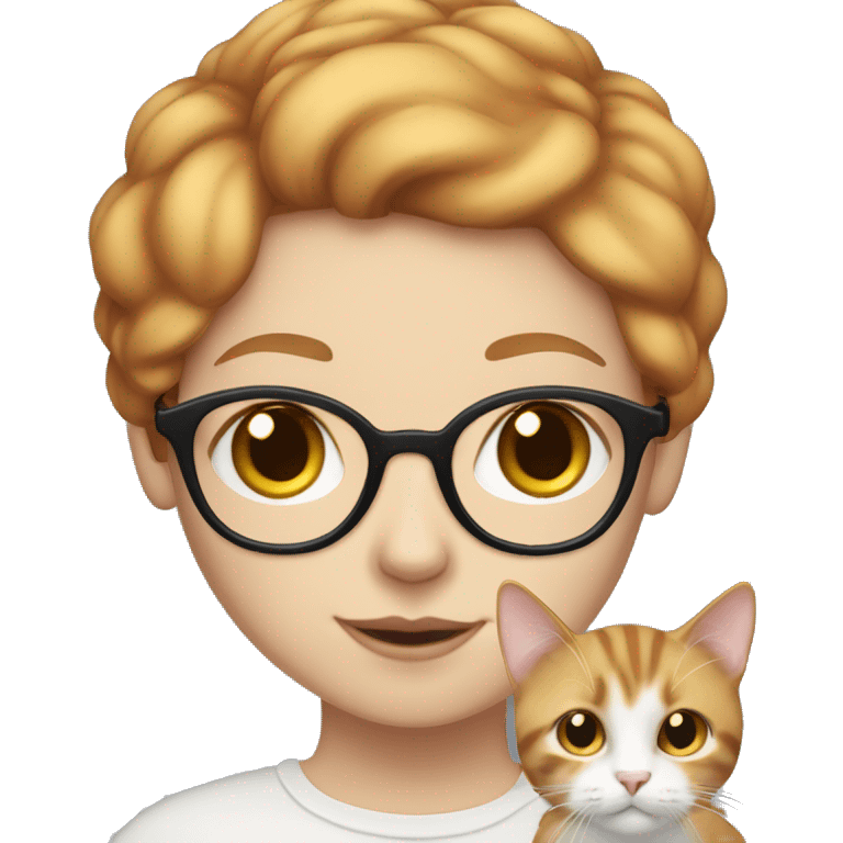 White skin, short strawberry-blonde haired girl with glasses holding calico cat emoji