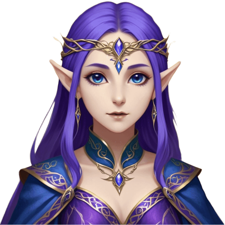 Cinematic Realistic WoW Elf Mage Portrait, depicted with ethereal, otherworldly beauty and refined arcane mastery. Clad in an intricately detailed robe in consistent deep blues and purples accented with shimmering gold filigree, her luminous, porcelain-like skin and delicate features evoke timeless elegance. Her piercing, mystical eyes radiate ancient wisdom, rendered with lifelike texture and subtle, magical lighting, high shine, noble and majestic, capturing the essence of a legendary elven sorceress. emoji