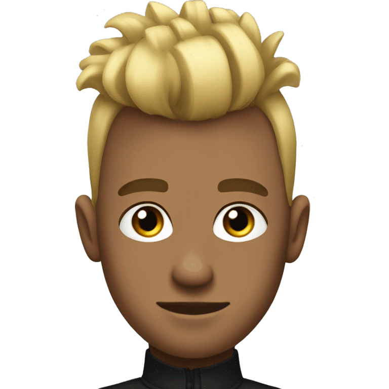 Young man with short blonde hair on the sides, Mohawk style, elegant and colorful dressed in black emoji