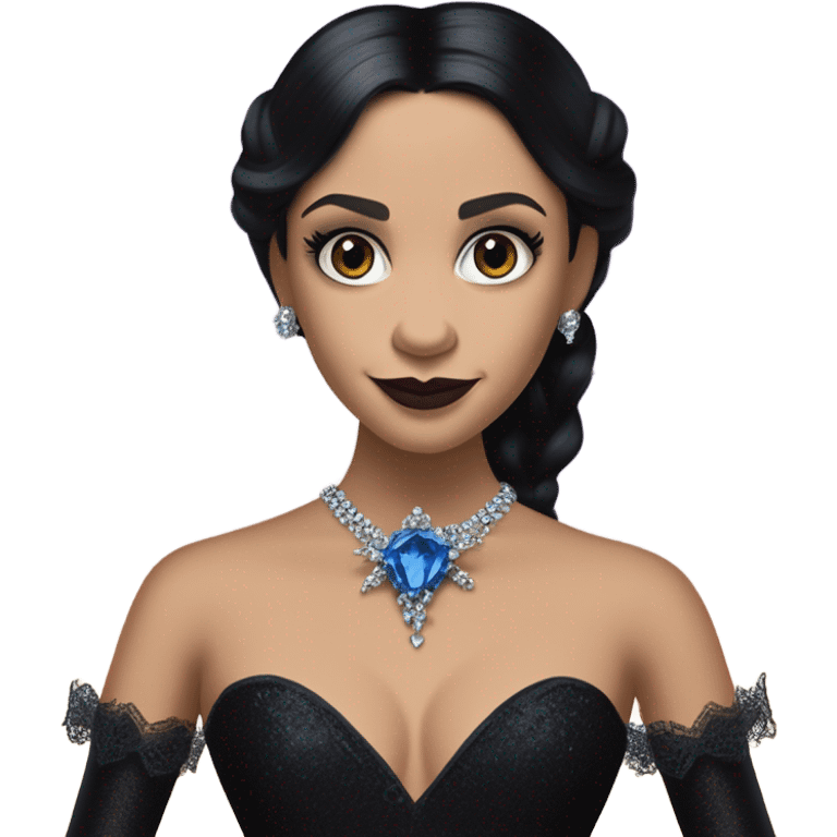 relaxed low-cut slinky black evening ball gown with lace gloves, Jenna Ortega as Morticia Addams wearing a mini diamond tiara showing off a cute blue horned dragon ventriloquist puppet emoji