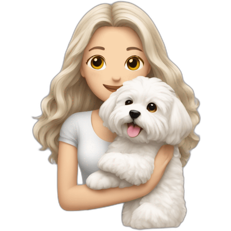 a long haired woman hugging white maltipoo emoji