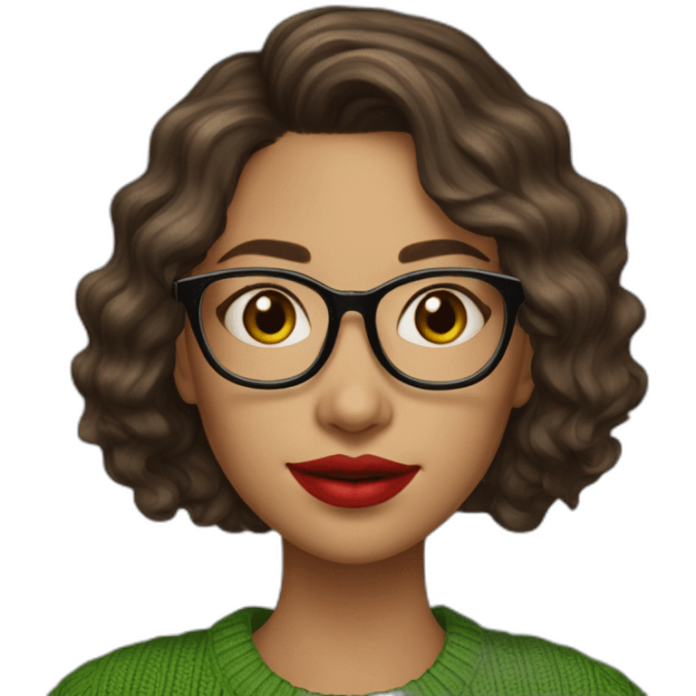 young-woman-with-glasses-and-red-lipstick-and-medium-length-wavy-brunette-hair-and-a-green-sweater-holding-a-book emoji