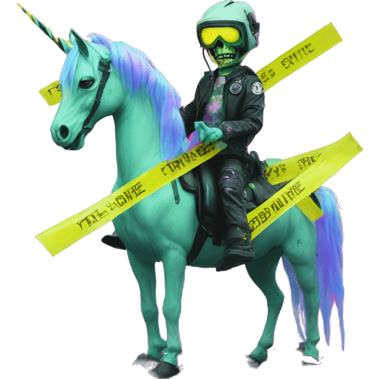 .Zombie_ Vaporwave black holographic oilslick zombie unicorn yellow caution tape and a vinyl emoji