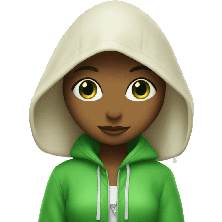 Green eyes girl in hood under palm tree and engagement ring emoji