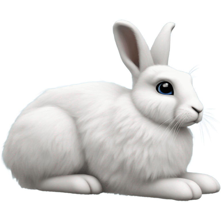 snowshoe hare very fluffy, no legs. laying down, side view, blue eyes emoji