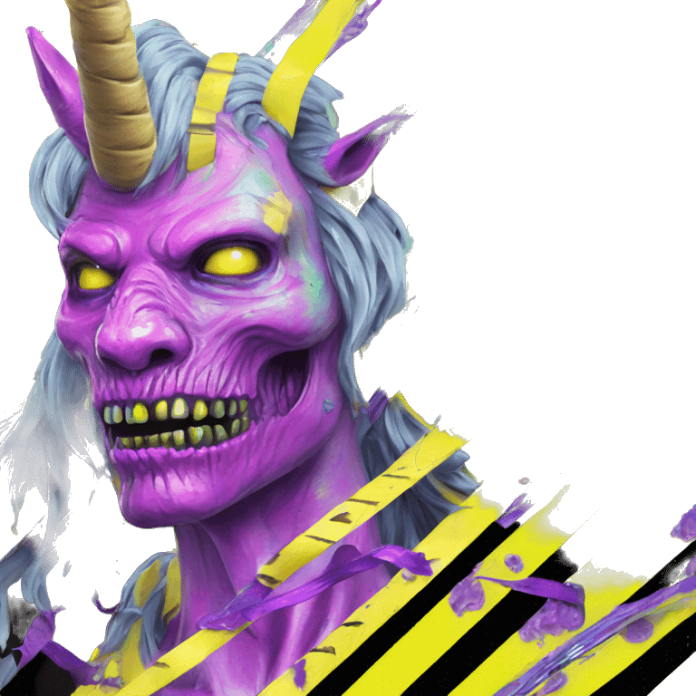 .Zombie_ Vaporwave black holographic oilslick zombie unicorn yellow caution tape emoji