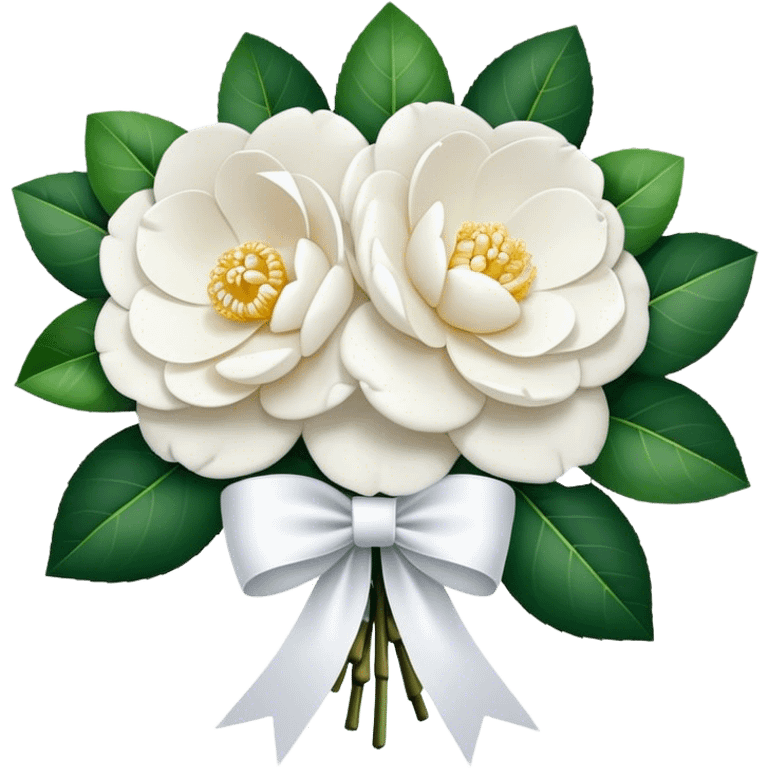 A bouquet of pure white camellias，with elegant white ribbon emoji