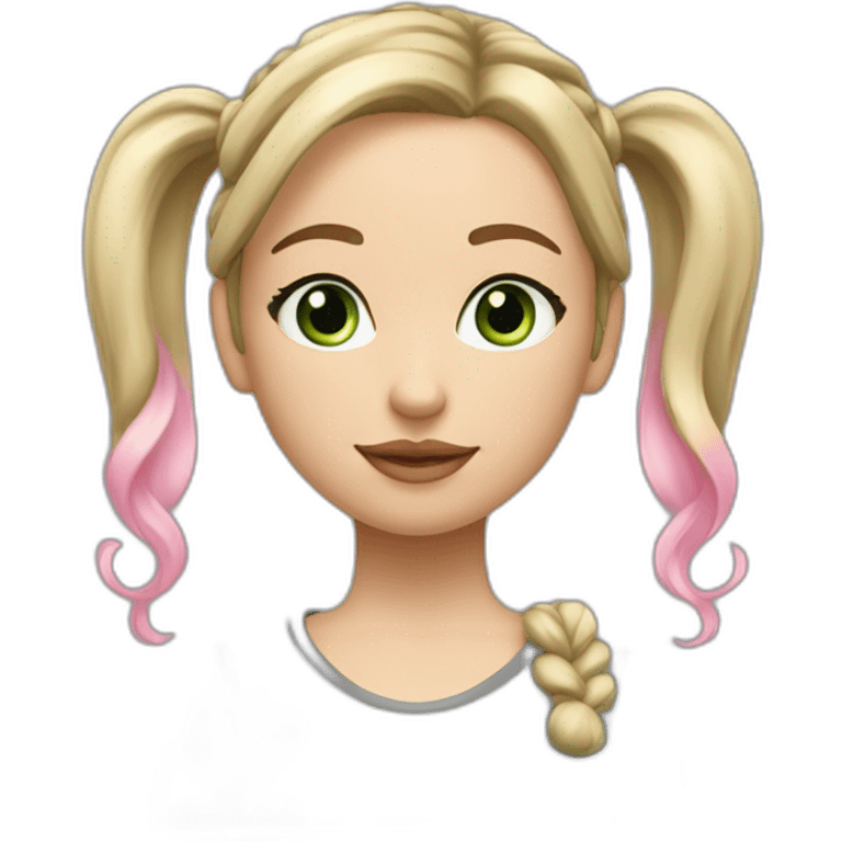 girl with sandy blonde hair, green-grey eyes, pink small lips, pony tail, long eyelashes and eyeliner emoji