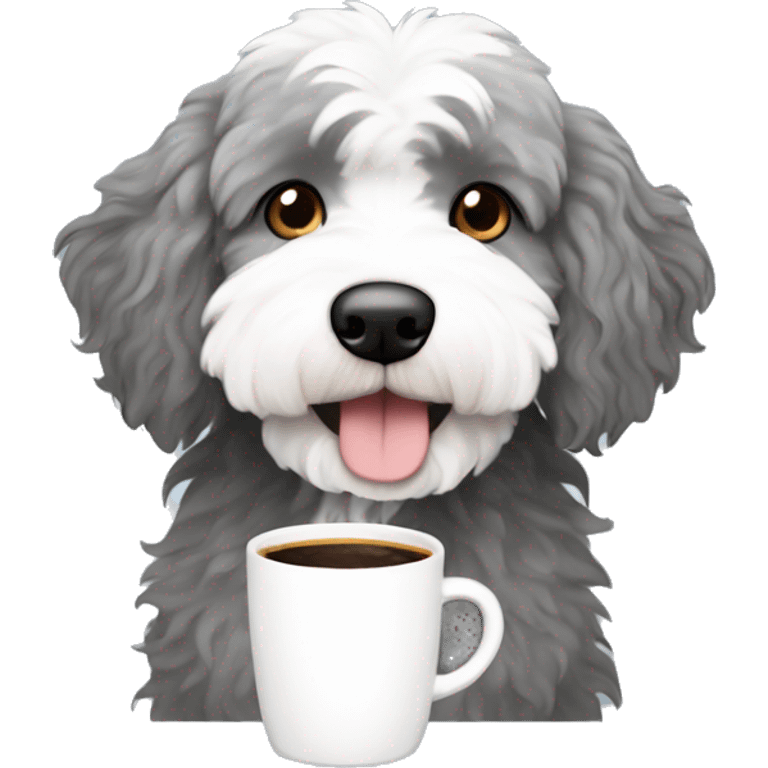 Gray and white Aussiedoodle holding hot coffee emoji