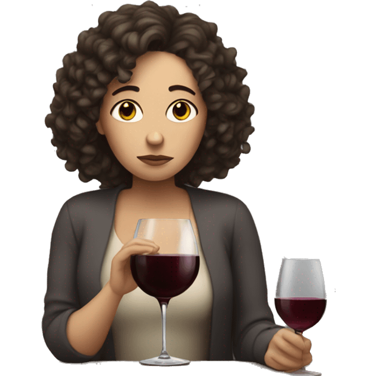 Sad White Woman with curly dark brown hair drinking wine emoji