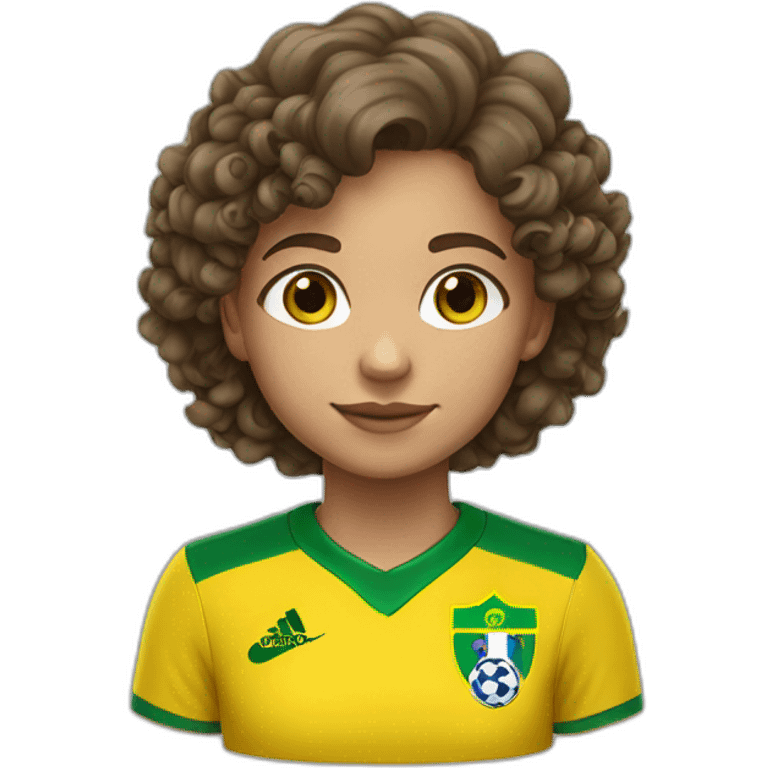 A White 12 years old girl with curly vers brown hair wearing Brazil football shirt emoji