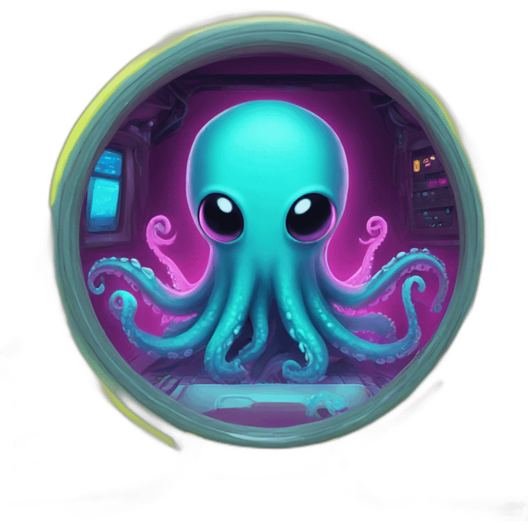 cute kraken playing pc in neon chamber emoji