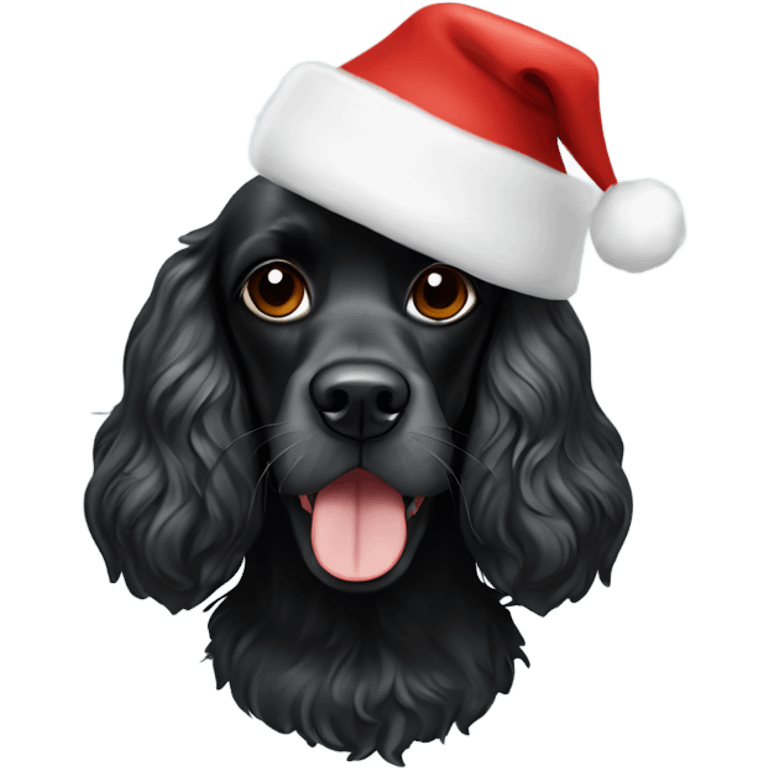 Black cocker spaniel wearing a Santa hat and white sunglasses emoji