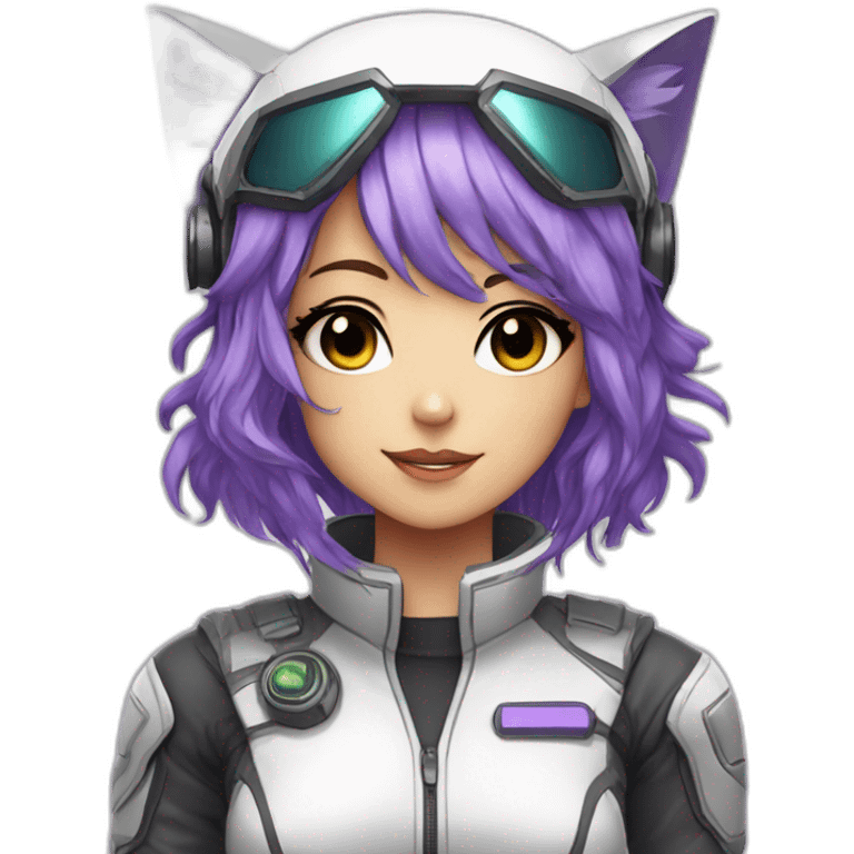 Anime mech pilot girl with purple hair gray eyes white pilot suit and cat ears emoji