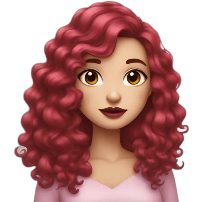 A woman with long curly dark red hair and long eyelashes, black eyes, pink cheeks, red lips, holds a short hair and black & white border collir emoji