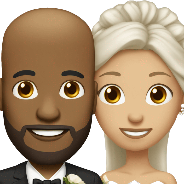 Black bald man with a beard and his wife with long, brown, curly hair on their wedding day emoji