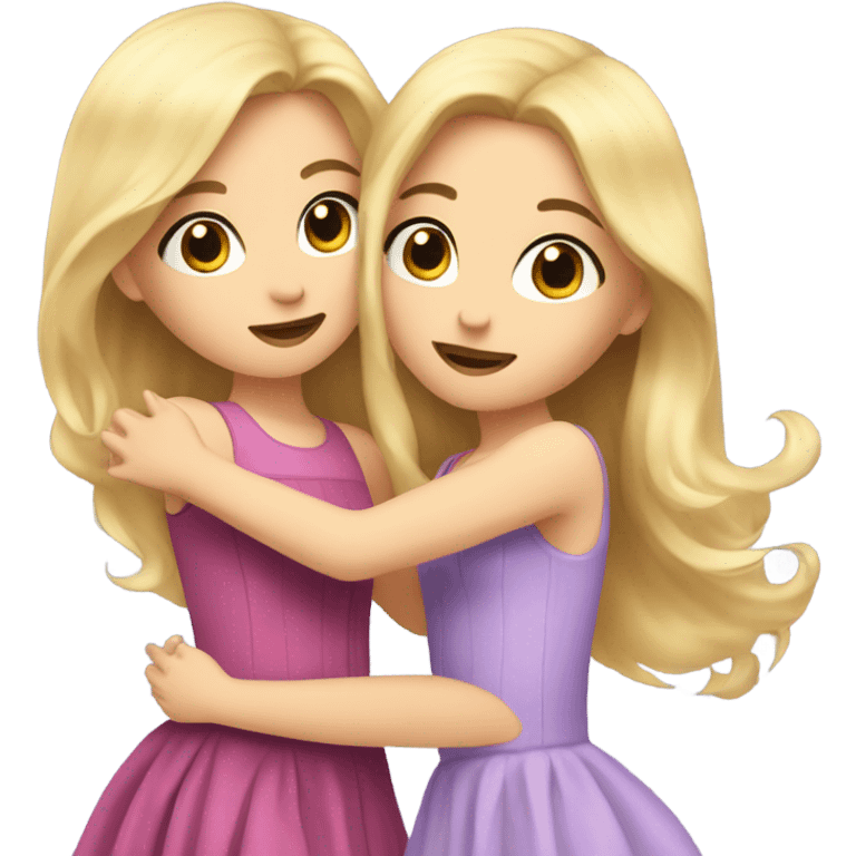 a girl with brown long hair makeup hugging a girl with blonde hair and both in dresses emoji