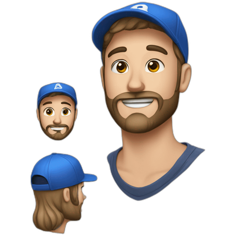 a handsome bearded man in a blue cap and with a piercing in the nose wing is grinning emoji