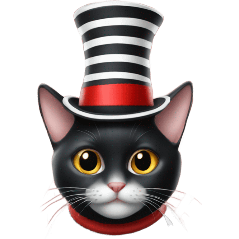 Black cat in a white and red striped top hat emoji