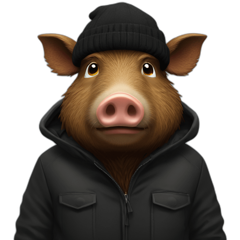 fullface wild tired brown boar in a black jacket and a black winter hat emoji