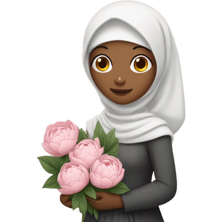 Woman is white with hijab holding peonies emoji