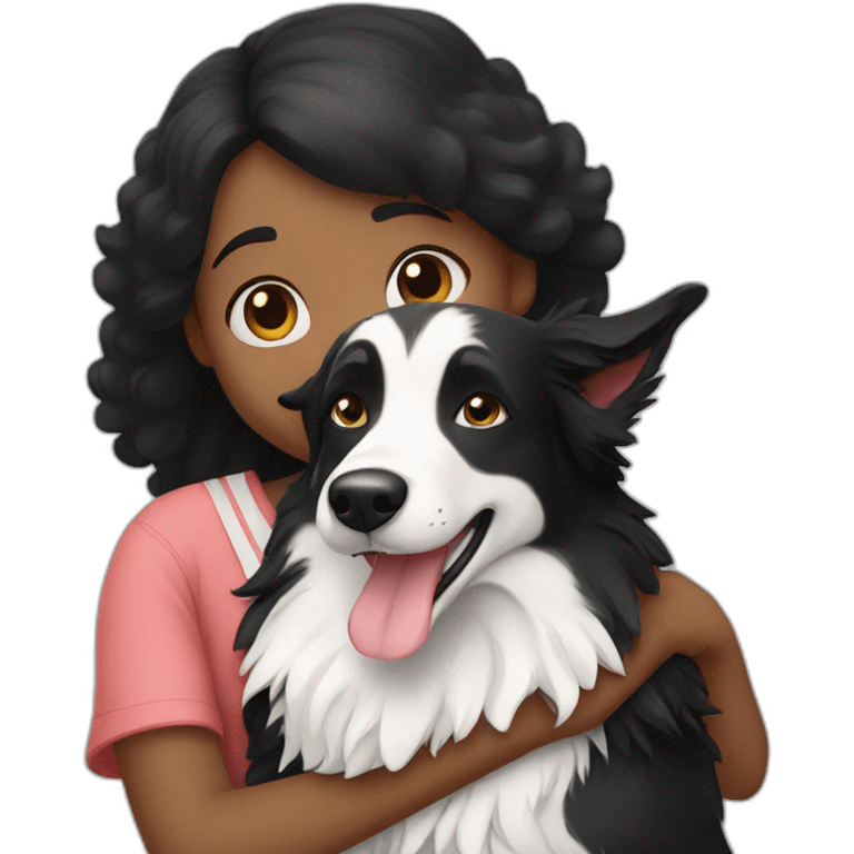 A girl hugging a adult black and white border collie emoji