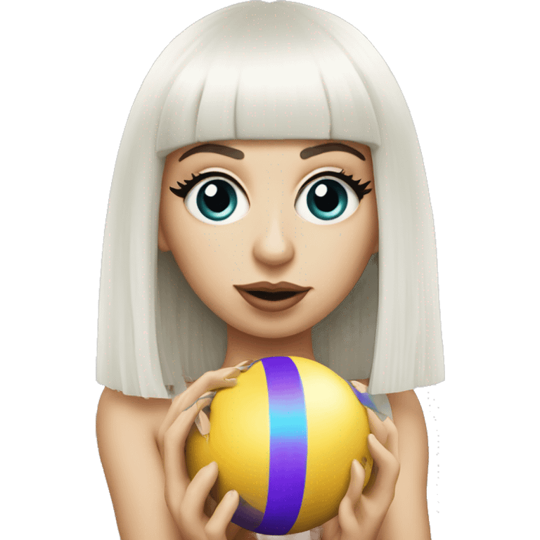 lady gaga with fringe holding koons ball emoji