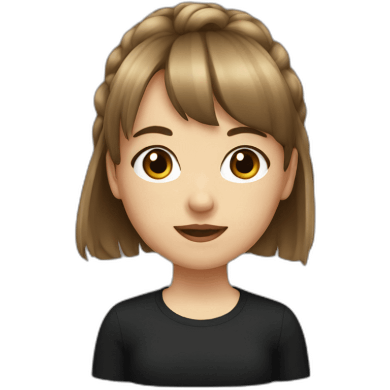 girl with bangs, pony tail brown hair, black shirt emoji