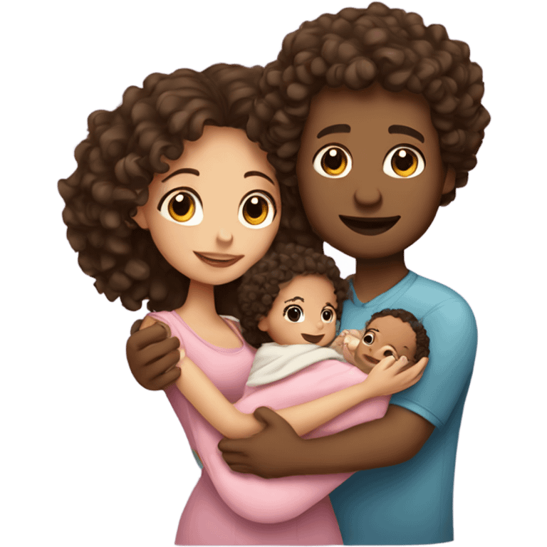 girl with curly hair holding baby and husband emoji