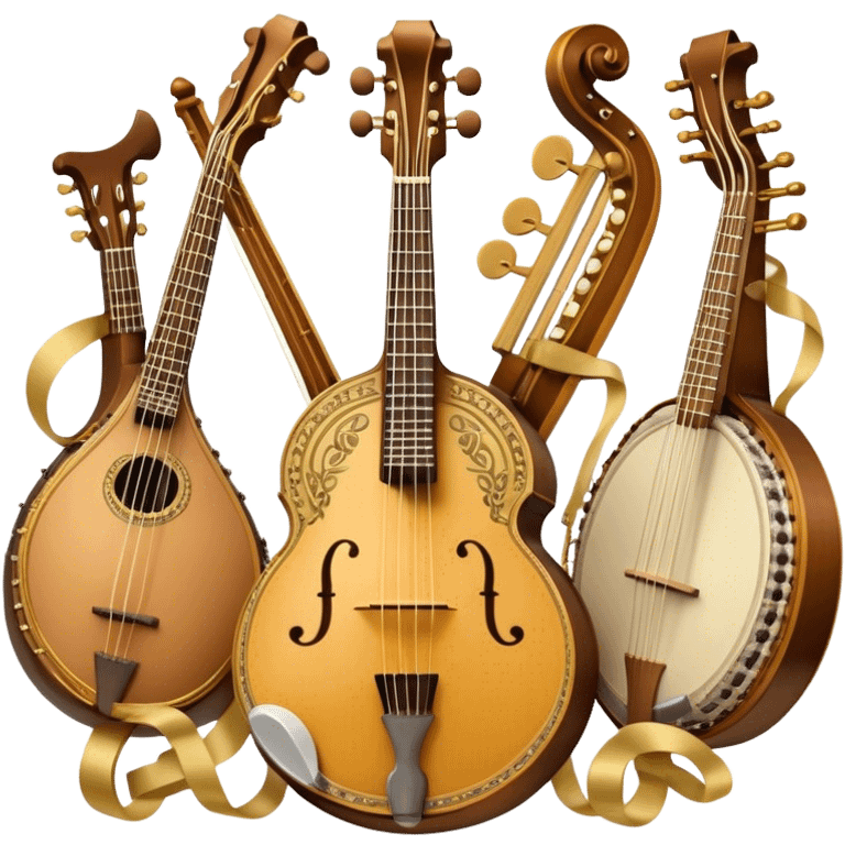 Create a grand, heraldic-style emoji collage representing plucked string instruments. The design should resemble a majestic emblem, featuring a collection of iconic instruments such as a banjo, mandolin, domra, sitar, and other plucked string instruments. Arrange the instruments symmetrically, with their necks and strings intertwining gracefully like a coat of arms. A flowing ribbon of musical notes should elegantly weave through the instruments, creating a sense of harmony and movement. The emblem should have a luxurious, golden and bronze color palette with intricate decorative elements, adding depth and a professional touch. Subtle lighting effects should highlight the polished wood and metal strings of the instruments. The background should be transparent, making the design adaptable for various uses emoji