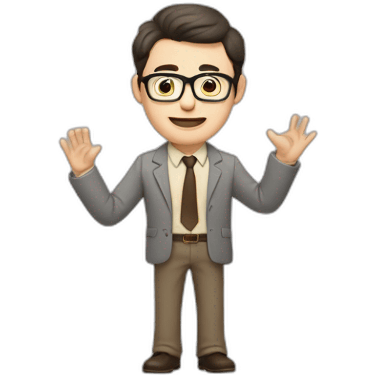 To belt Actively gesturing with hands Pale skinned fit man teacher with dark brown hair in gray jacket, beige office shirt, brown tie, brown pants and vintage glasses. emoji