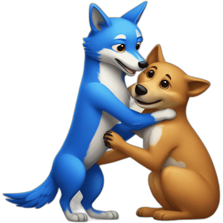 Anthropomorphic dingo giving an anthropomorphic blue bird a hug emoji