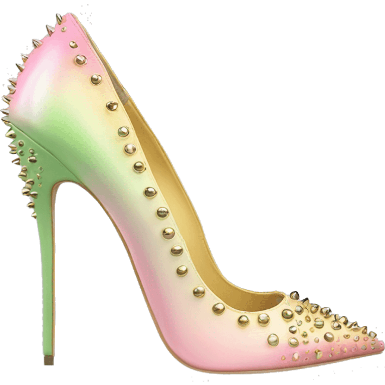 Hyper Realistic top front view of a pair of pastel pink,pastel green,and pastel yellow ombre gold studded pointed toe stiletto shoes.  emoji