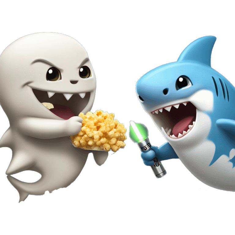 Baby shark and th rock having a lightsaber fight while eating popcorn  emoji