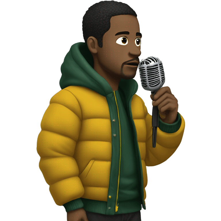 Side profile of a hip hop artist, holding a mic down in one hand. He's wearing a dark green puffy jacket with a mustard yellow collar. emoji