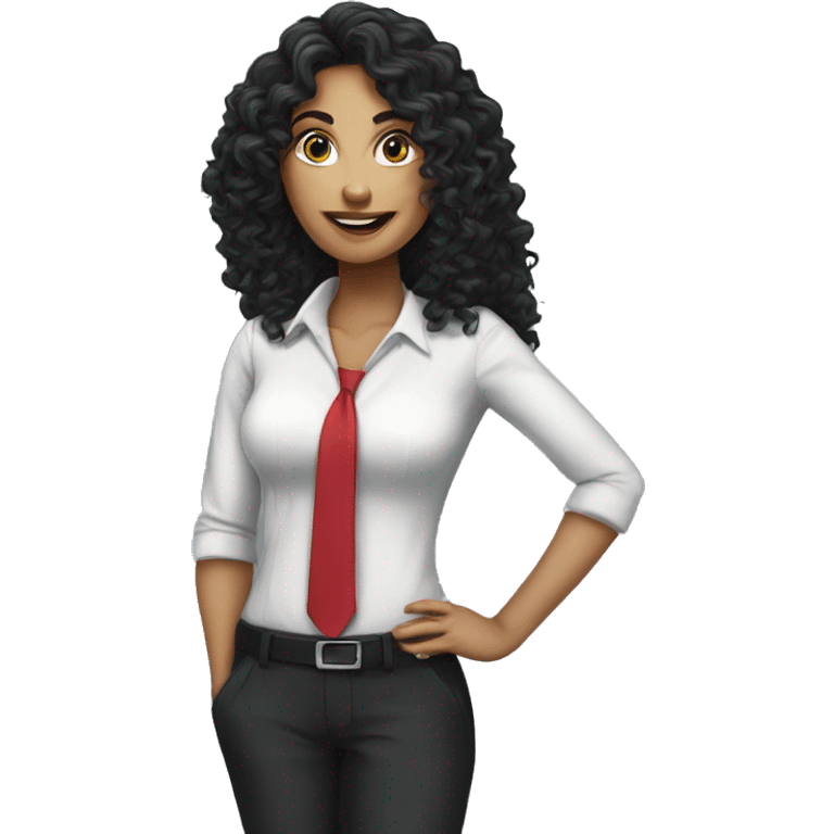 corporate woman, long black curly hair, with a phone emoji