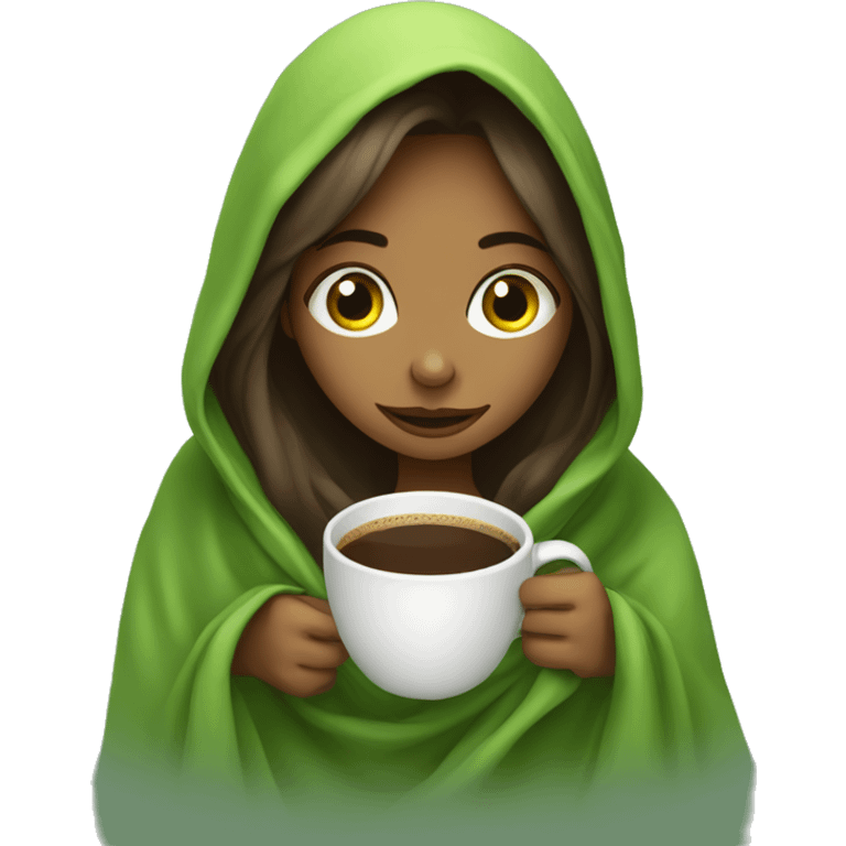 girl inside a blanket sipping coffee ,eyes green emoji