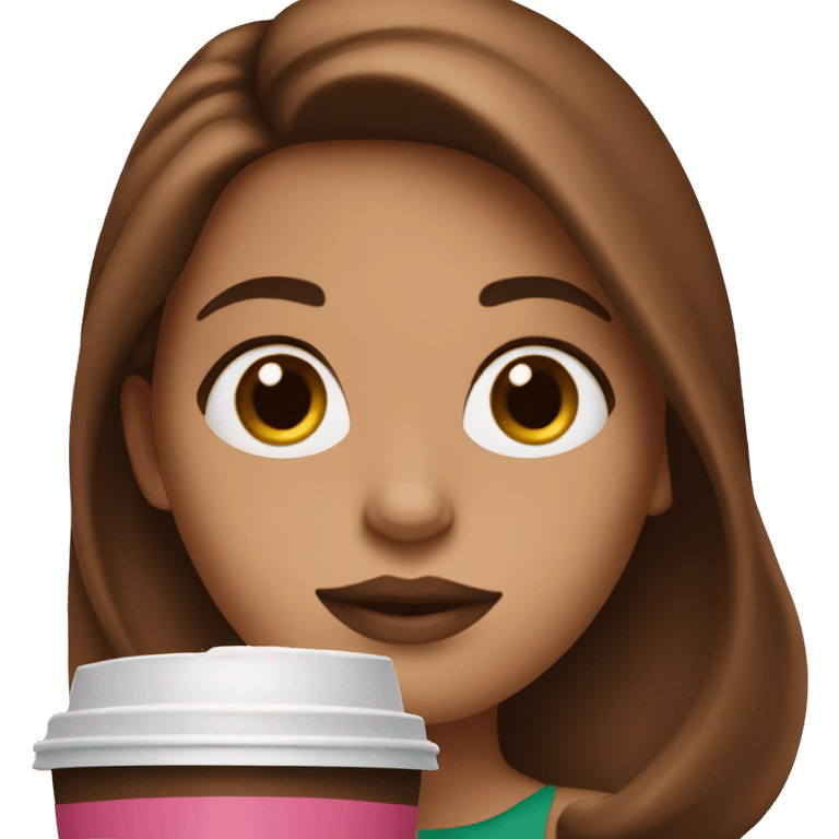 Girl with pink lips and brown hair holding starbucks coffee emoji